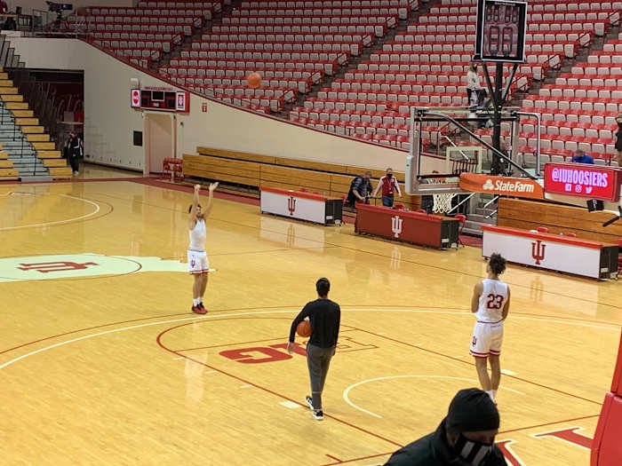 Trayce Jackson-Davis rebounds for freshman Anthony Leal after Wednesday’s game.